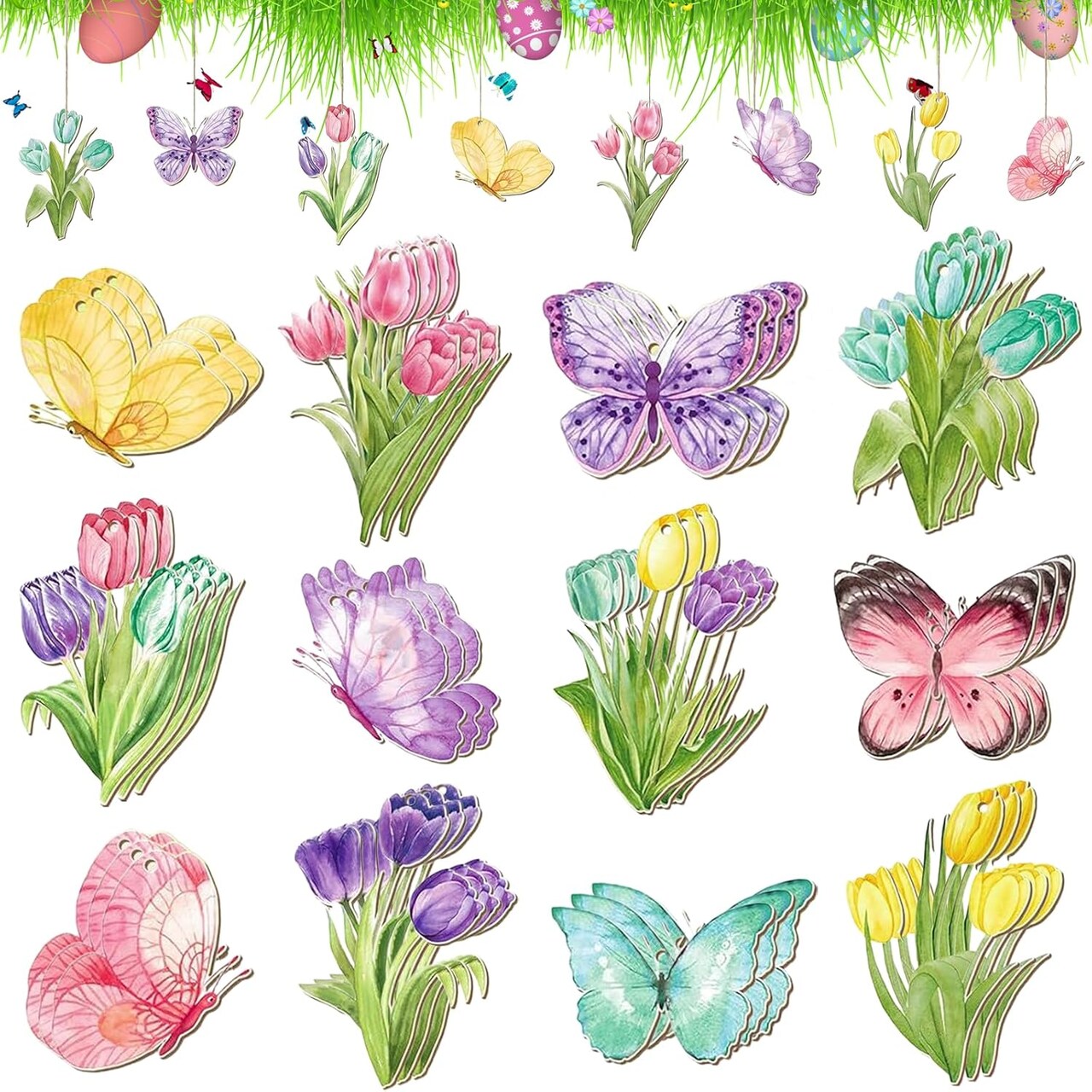 36-piece spring tree ornament set featuring wooden tulip and butterfly decorations—perfect for small trees, home décor, and festive spring parties.